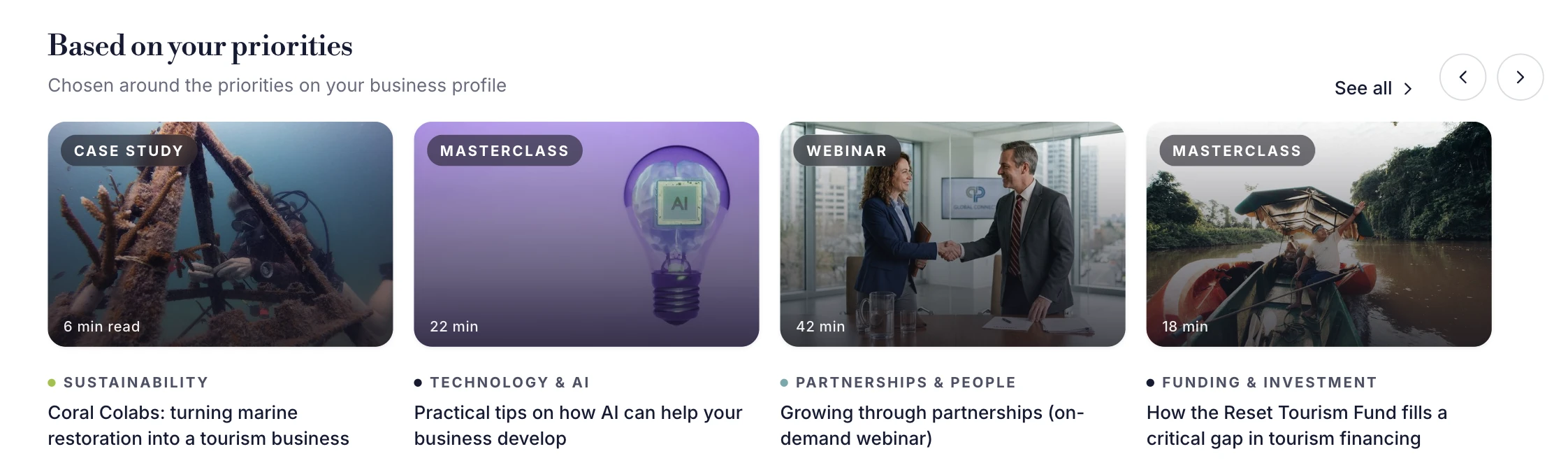 Based on your priorities: a sustainability case study, AI masterclass, partnerships webinar and funding masterclass.