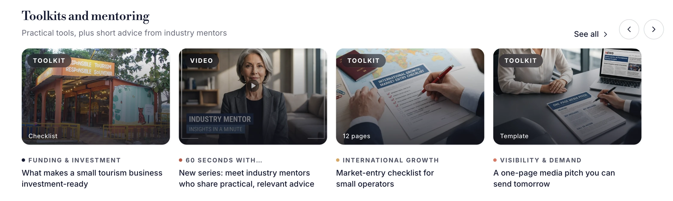 Toolkits and mentoring: an investment checklist, industry mentor video, market-entry checklist and media pitch template.